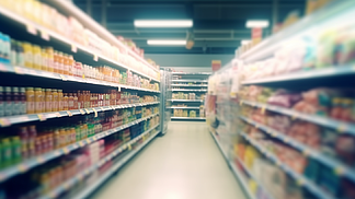 婴儿食品和产品,购物车停在不同类型商品展架旁边,对焦在购物车上,其他部分虚化